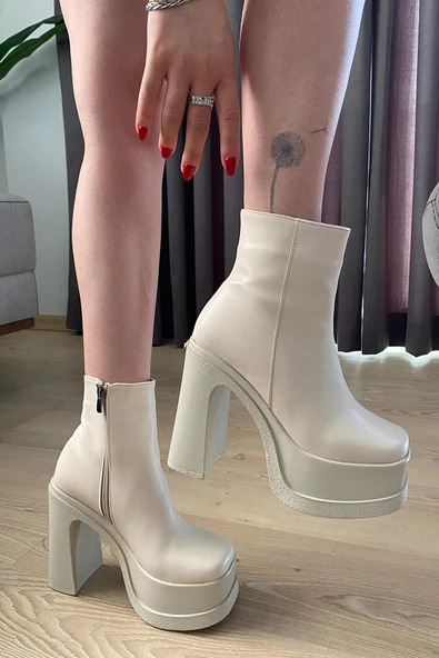 Kadın Sidney Krem 12 cm Platform Topuklu Fermuarlı Bot - 4