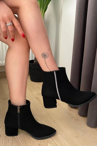 Kadın York Siyah zümrut YAndan Taşlı ( 6 cm ) Topuklu Sivri Burun Bot - 4