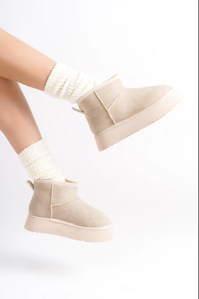 Kadın Palermo Krem Süet İçi Kürklü Kalın Tabanli (4,5 cm ) Mini Kısa Bot - 2