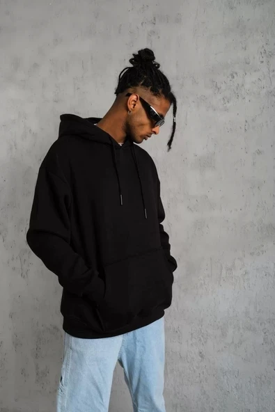 Erkek Düz Kapüşonlu Sweat - Siyah - Resim 3