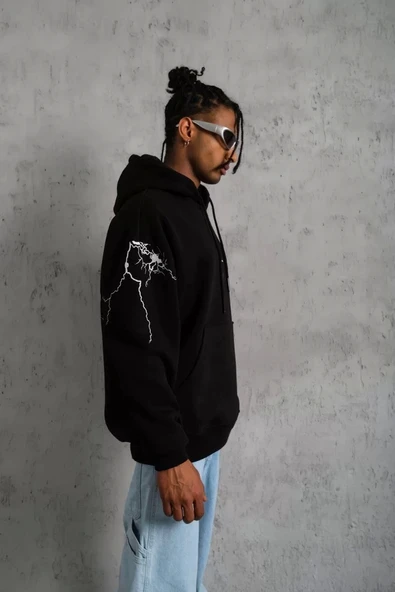 Erkek Maske Baskılı Kapüşonlu Sweat - Siyah - 3