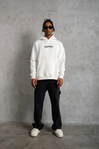 Erkek Üç İplik Baskılı Kapüşonlu Sweat - Beyaz - Resim 5