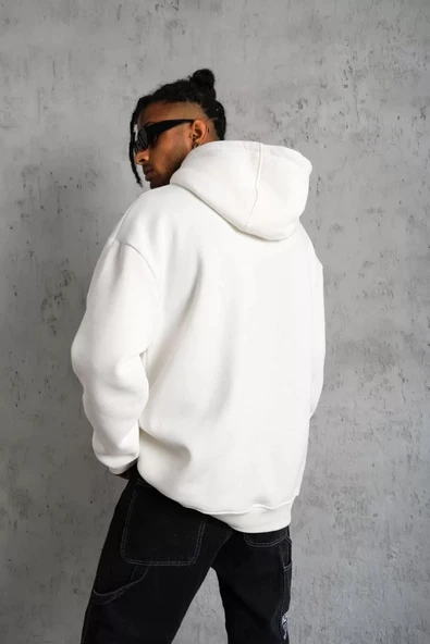 Erkek Düz Kapüşonlu Sweat - Beyaz - Resim 5