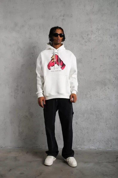 Erkek Eldiven Baskılı Kapüşonlu Sweat - Beyaz - Resim 4