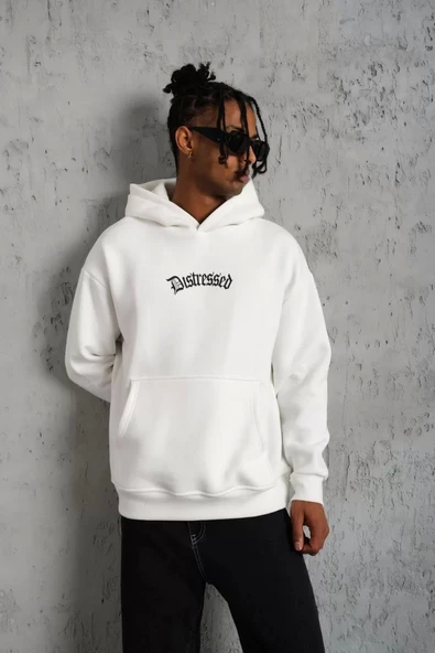 Erkek Üç İplik Baskılı Kapüşonlu Sweat - Beyaz - Resim 3