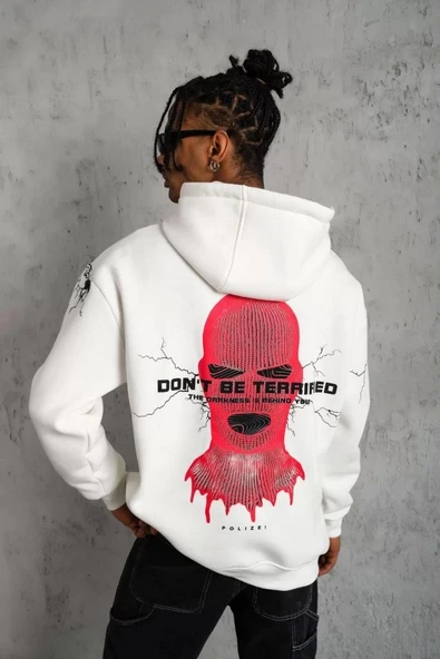 Erkek Maske Baskılı Kapüşonlu Sweat - Beyaz - 1