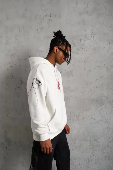 Erkek Maske Baskılı Kapüşonlu Sweat - Beyaz - 2