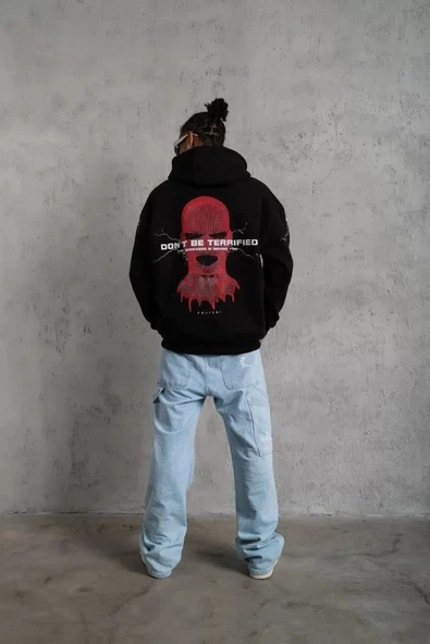 Erkek Maske Baskılı Kapüşonlu Sweat - Siyah - 4