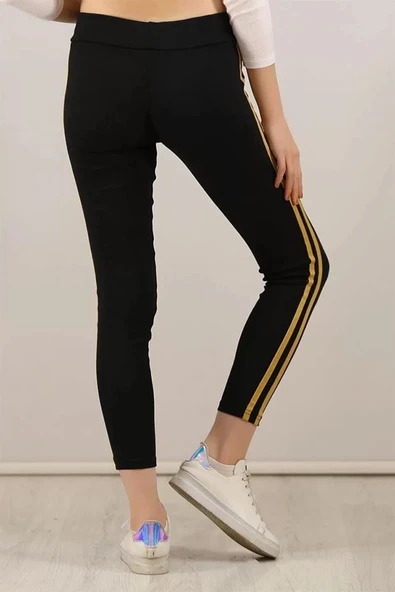 Kadın Yanı Sarı Şeritli Tayt - Siyah - Resim 3