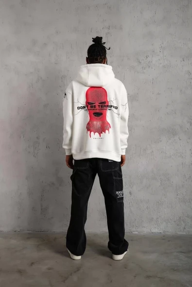 Erkek Maske Baskılı Kapüşonlu Sweat - Beyaz - 5