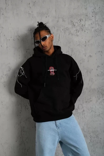 Erkek Maske Baskılı Kapüşonlu Sweat - Siyah - 5