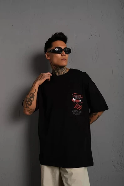 Erkek Sırt Baskılı A Kalite Oversize T-shirt - Siyah - 1