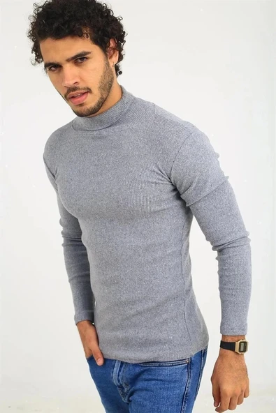 Erkek Kaşkorse Boğazlı Full Likralı Fitilli Body Kazak - Gri - 2