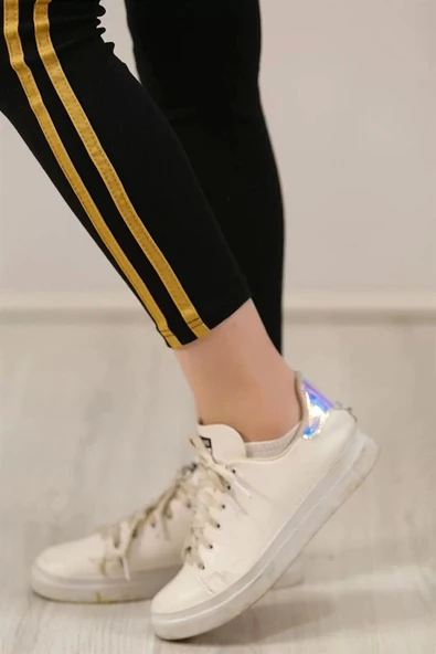 Kadın Yanı Sarı Şeritli Tayt - Siyah - Resim 2