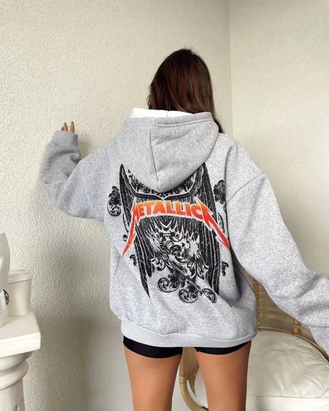 Kadın Baskılı Kapüşonlu Sweat - Gri ürün görseli 1