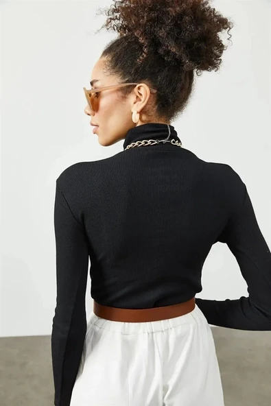 Kadın Kaşkorse Boğazlı Full Likralı Fitilli Body Kazak - Siyah - Resim 8