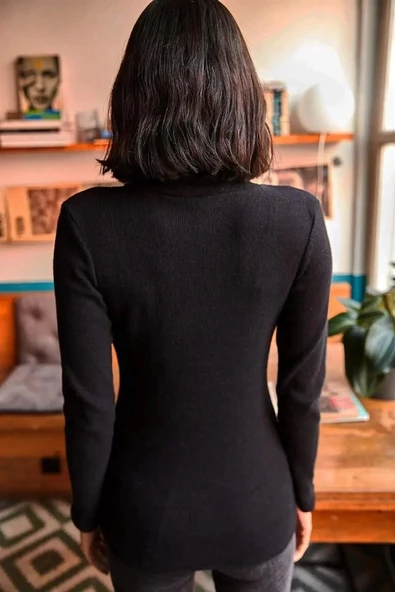 Kadın Kaşkorse Boğazlı Full Likralı Fitilli Body Kazak - Siyah - Resim 4