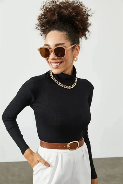 Kadın Kaşkorse Boğazlı Full Likralı Fitilli Body Kazak - Siyah - Resim 6