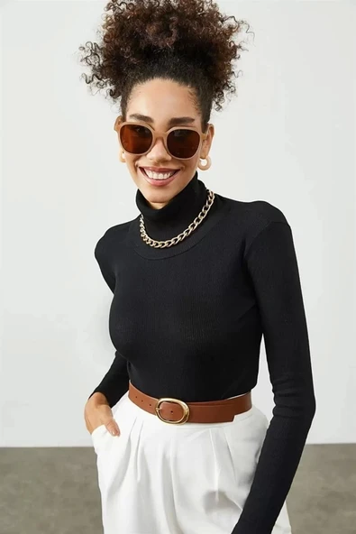 Kadın Kaşkorse Boğazlı Full Likralı Fitilli Body Kazak - Siyah - Resim 7