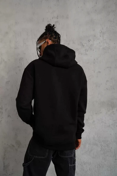 Erkek Düz Kapüşonlu Sweat - Siyah - Resim 5