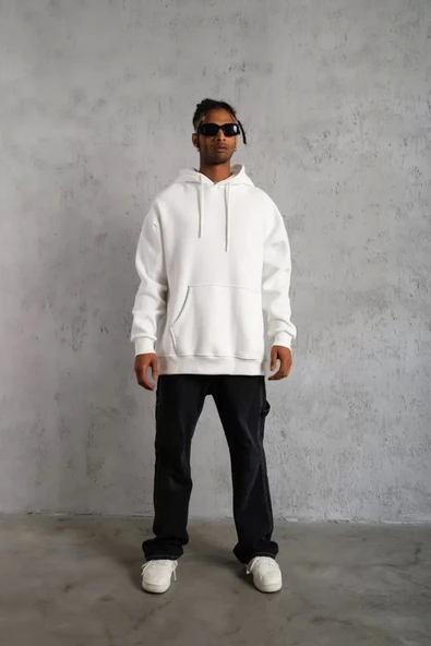 Erkek Düz Kapüşonlu Sweat - Beyaz - Resim 4