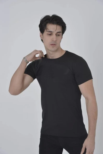 Erkek Gögüs Fileli Slim fit T-shirt - Siyah - 2