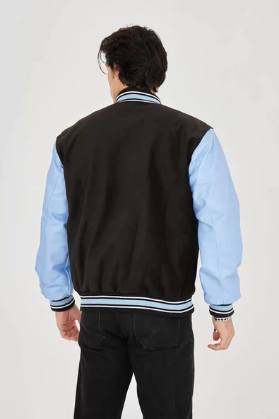 Erkek İçten Elyaf ve Astarlı Kolları Suni Deri Ceket - Mavi - 5