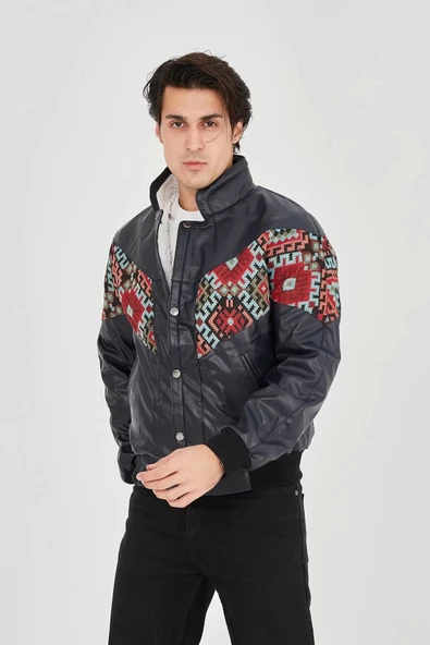 Erkek İçi Astarlı İçten Yaka Kısmı Peluşlu Suni Kumaş Vintage Ceket - Lacivert - 4