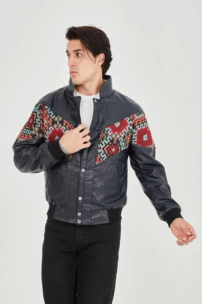 Erkek İçi Astarlı İçten Yaka Kısmı Peluşlu Suni Kumaş Vintage Ceket - Lacivert - 6