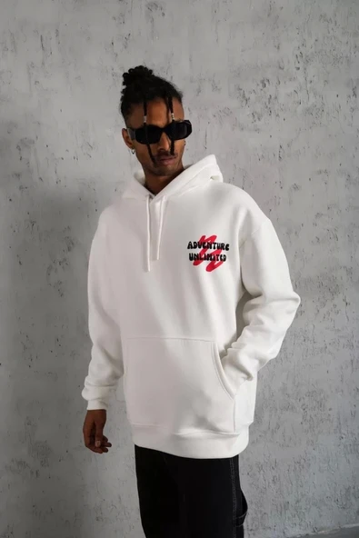 Erkek Şapkalı Güvercin Baskılı Kapşonlu Sweat - Beyaz - 2