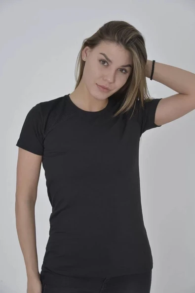 Kadın Omuz Fileli Slim Fit T-shirt - Siyah ürün görseli 1