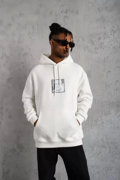 Erkek Ön Arka Baskılı Kapşonlu Sweat - Beyaz - 1