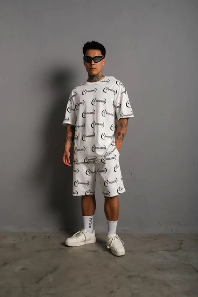 Erkek Baskılı İkili Şortlu Takım - Beyaz ürün görseli 1