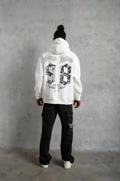 Erkek 98 Baskılı Kapşonlu Sweat - Beyaz - 4