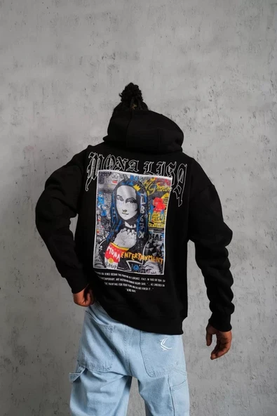 Erkek Baskılı Kapüşonlu ve Kanguru Cepli Sweat - Siyah - 1