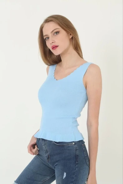 Kadın V Yaka Fırfır Detay Crop - Mavi ürün görseli 1
