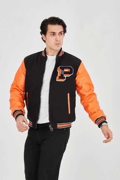 Erkek İçten Elyaf ve Astarlı Kolları Suni Deri Ceket - Turuncu - 5