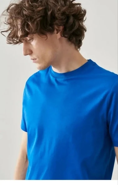 Erkek 24/1 Düz A Kalite Oversize T-shirt - Mavi - Resim 5