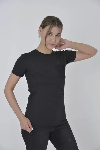 Kadın File Cepli Slim fit T-shirt - Siyah ürün görseli 1