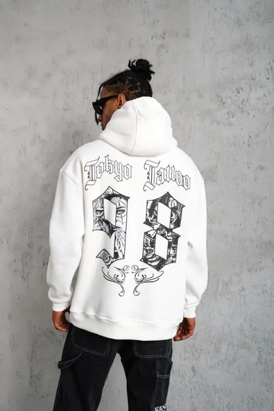 Erkek 98 Baskılı Kapşonlu Sweat - Beyaz - 2