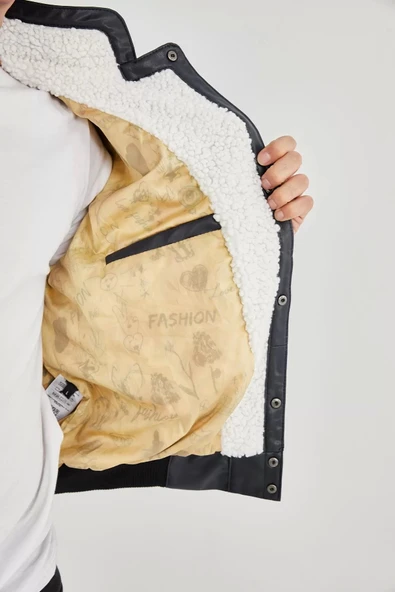 Erkek İçi Astarlı İçten Yaka Kısmı Peluşlu Suni Kumaş Vintage Ceket - Lacivert - 5