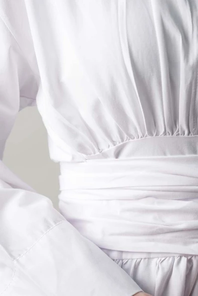 Bayan Gömlek Yarım Düğmeli Bel Dolamalı Trikoton Gömlek Beyaz - 5