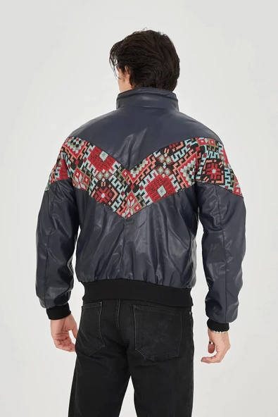 Erkek İçi Astarlı İçten Yaka Kısmı Peluşlu Suni Kumaş Vintage Ceket - Lacivert - 8