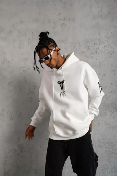 Erkek Baskılı Kapüşonlu Sweat - Beyaz - Resim 2