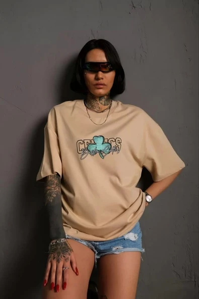 Kadın Sırt Baskılı T-shirt - Bej ürün görseli 1