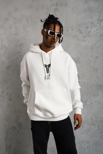 Erkek Baskılı Kapüşonlu Sweat - Beyaz - Resim 4