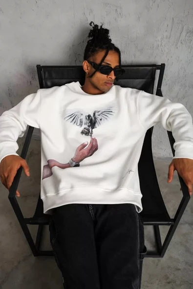 Erkek Güvercin Baskılı Sweatshirt - Beyaz - Resim 5