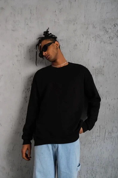 Erkek Düz Bisiklet Yaka Sweat - Siyah ürün görseli 1