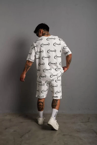 Erkek Baskılı İkili Şortlu Takım - Beyaz - Resim 3