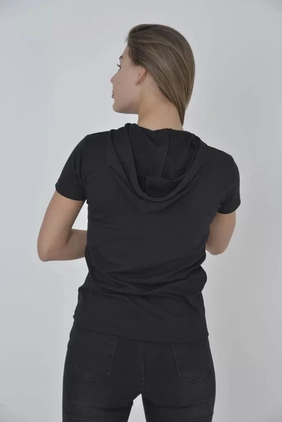 Kadın Kapşonlu Slim Fit T-shirt - Siyah ürün görseli 1